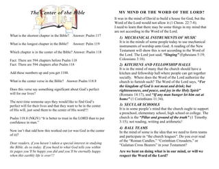 The Center of the Bible

MY MIND OR THE WORD OF THE LORD?
It was in the mind of David to build a house for God, but the
Word of the Lord would not allow it (1 Chron. 22:7-8).
I need to learn that there may be some things in my mind that
are not according to the Word of the Lord.

What is the shortest chapter in the Bible?

Answer: Psalm 117

What is the longest chapter in the Bible?

Answer: Palm 119

Which chapter is in the center of the Bible? Answer: Psalm 118
Fact: There are 594 chapters before Psalm 118
Fact: There are 594 chapters after Psalm 118
Add these numbers up and you get 1188.
What is the center verse in the Bible? Answer Psalm 118:8
Does this verse say something significant about God’s perfect
will for our lives?
The next time someone says they would like to find God’s
perfect will for their lives and that they want to be in the center
of His will, just send them to the center of His word!!!
Psalm 118:8 (NKJV) “It is better to trust in the LORD than to put
confidence in man.”
Now isn’t that odd how this worked out (or was God in the center
of it)?
Dear readers, if you haven’t taken a special interest in studying
the Bible, do so today. If you heed to what God tells you within
its pages you’ll be happy you did and you’ll be eternally happy
when this earthly life is over!!!

1) MECHANICAL INSTRUMENTS OF MUSIC
It is in the minds of some people today to use mechanical
instruments of worship unto God. A reading of the New
Testament will show this is not according to the Word of
the Lord. The Lord just said, “Singing” (Ephesians 5:19;
Colossians 3:16).
2) KITCHENS AND FELLOWSHIP HALLS
It is in the mind of many that the church should have a
kitchen and fellowship hall where people can get together
socially. Where does the Word of the Lord authorize the
church to furnish such? The Word of the Lord says, “For
the kingdom of God is not meat and drink; but
righteousness, and peace, and joy in the Holy Spirit”
(Romans 14:17), and “If any man hunger let him eat at
home” (1 Corinthians 11:34).
3) SECULAR SCHOOLS
It is in some people’s mind that the church ought to support
a preschool, elementary school, high school or college. The
church is the “Pillar and ground of the truth” (1 Timothy
3:15); not reading, writing and arithmetic!
4) BALL TEAMS
In the mind of some is the idea that we need to form teams
and participate in “the church leagues”. Do you ever read
of the “Roman Candles,” “Corinthian Crusaders,” or
“Galatian Cross Bearers” in your Testament?
Are we bent on doing what is in our mind, or will we
respect the Word of the Lord?

 