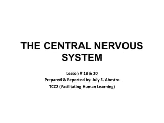 THE CENTRAL NERVOUS
SYSTEM
Lesson # 18 & 20
Prepared & Reported by: July F. Abestro
TCC2 (Facilitating Human Learning)
 