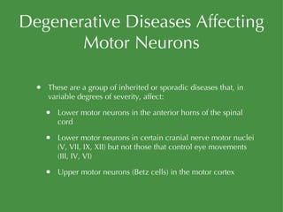 Degenerative Diseases Affecting Motor Neurons These are a group of inherited or sporadic diseases that, in variable degrees of severity, affect: Lower motor neurons in the anterior horns of the spinal cord Lower motor neurons in certain cranial nerve motor nuclei (V, VII, IX, XII) but not those that control eye movements (III, IV, VI) Upper motor neurons (Betz cells) in the motor cortex 