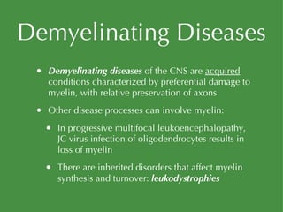 Demyelinating Diseases Demyelinating diseases  of the CNS are  acquired  conditions characterized by preferential damage to myelin, with relative preservation of axons Other disease processes can involve myelin: In progressive multifocal leukoencephalopathy, JC virus infection of oligodendrocytes results in loss of myelin There are inherited disorders that affect myelin synthesis and turnover:  leukodystrophies 