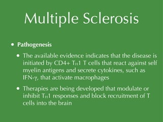 Multiple Sclerosis Pathogenesis The available evidence indicates that the disease is initiated by CD4+ T H 1 T cells that react against self myelin antigens and secrete cytokines, such as IFN-γ, that activate macrophages Therapies are being developed that modulate or inhibit T H 1 responses and block recruitment of T cells into the brain 