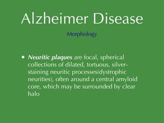 Alzheimer Disease Neuritic plaques  are focal, spherical collections of dilated, tortuous, silver-staining neuritic processes(dystrophic neurities), often around a central amyloid core, which may be surrounded by clear halo Morphology 