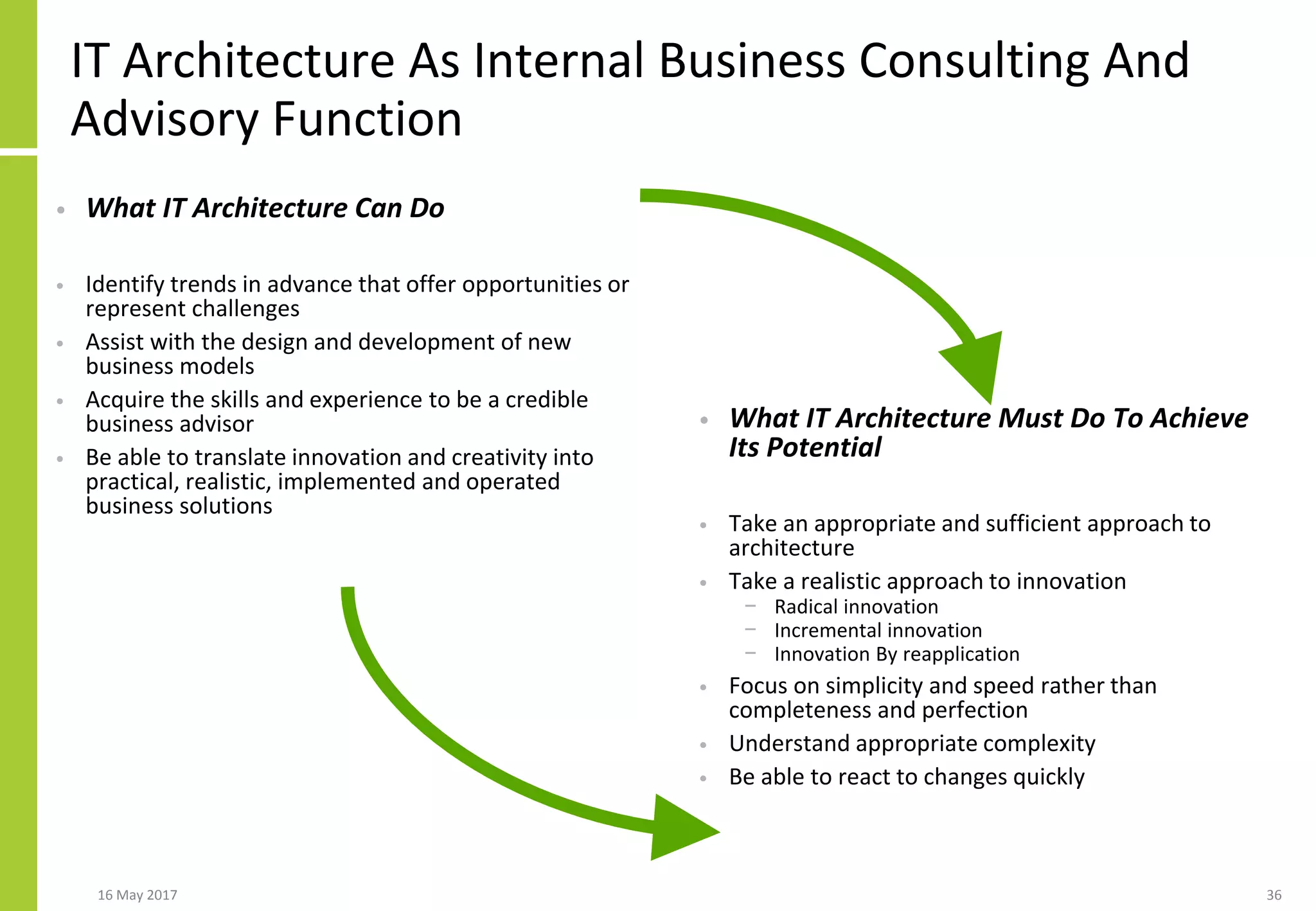 IT Architecture As Internal Business Consulting And
Advisory Function
• What IT Architecture Can Do
• Identify trends in advance that offer opportunities or
represent challenges
• Assist with the design and development of new
business models
• Acquire the skills and experience to be a credible
business advisor
• Be able to translate innovation and creativity into
practical, realistic, implemented and operated
business solutions
• What IT Architecture Must Do To Achieve
Its Potential
• Take an appropriate and sufficient approach to
architecture
• Take a realistic approach to innovation
− Radical innovation
− Incremental innovation
− Innovation By reapplication
• Focus on simplicity and speed rather than
completeness and perfection
• Understand appropriate complexity
• Be able to react to changes quickly
16 May 2017 36
 