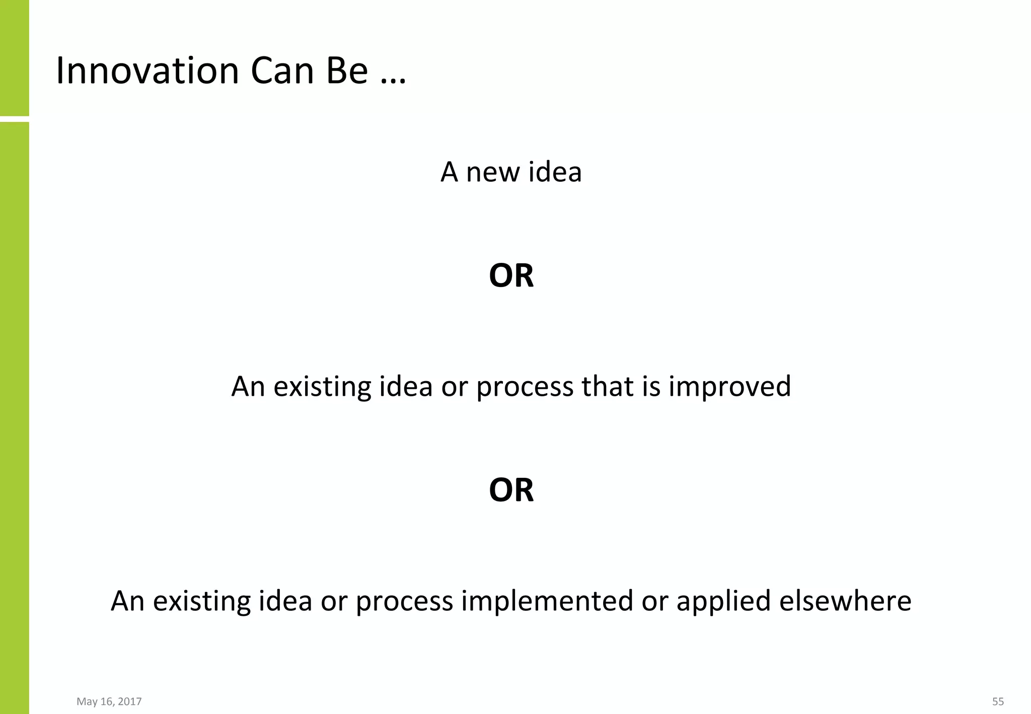 May 16, 2017 55
Innovation Can Be …
A new idea
OR
An existing idea or process that is improved
OR
An existing idea or process implemented or applied elsewhere
 