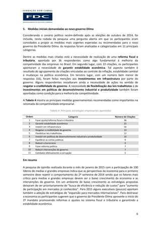 6
5. Medidas iniciais demandadas ao novo governo Dilma
Considerando o cenário político recém-definido após as eleições de outubro de 2014, foi
incluída, nesta rodada da pesquisa uma pergunta aberta em que os participantes eram
convidados a propor as medidas mais urgentes esperadas ou recomendadas para o novo
governo da Presidente Dilma. As respostas foram analisadas e categorizadas em 11 principais
categorias.
Dentre as medidas mais citadas está a necessidade de realização de uma reforma fiscal e
tributária, apontada por 36 respondentes como algo fundamental à melhoria da
competividade das empresas no Brasil. Em segundo lugar, com 22 citações, os participantes
apontaram a necessidade de garantir estabilidade econômica. Tal aspecto também é
resultado do agrupamento de citações vinculadas ao controle da inflação, estabilidade cambial
e mudanças na política econômica. Em terceiro lugar, com um número bem menor de
respostas (16), foram feitas menções aos investimentos em infraestrutura por parte do
governo. Alguns respondentes ressaltaram ainda a necessidade de ações no sentido de
resgatar a credibilidade do governo. A necessidade de flexibilização das leis trabalhistas e de
investimentos em políticas de desenvolvimento industrial e produtividade também foram
apontadas como condição para a melhoria da competitividade.
A Tabela 4 mostra as principais medidas governamentais recomendadas como importantes na
retomada da competitividade empresarial.
Tabela 4: Principais estratégias empresariais apontadas
Ordem Categoria Número de Citações
1 Fazer ajuste/reforma fiscal e tributária 36
2 Garantir estabilidade econômica 22
3 Investir em infraestrutura 16
4 Resgatar a credibilidade do governo 13
5 Flexibilizar leis trabalhistas 12
6 Investir em políticas de desenvolvimento industrial e produtividade 10
7 Equilibrar as contas públicas 9
8 Reduzir a burocracia 9
9 Fazer reforma política 7
10 Reduzir intervenções do governo 7
11 Combater efetivamente a corrupção 5
Em resumo
A pesquisa de opinião realizada durante o mês de janeiro de 2015 com a participação de 100
líderes de medias e grandes empresas indica que as perspectivas da economia para o primeiro
semestre deve repetir o comportamento do 2º semestre de 2014 sendo que os fatores mais
crítico para medias e grandes empresas devem ser o baixo crescimento da economia e as
intervenções do governo. Em um ambiente de baixo crescimento as estratégias propostas
deixaram de ser prioritariamente de “busca de eficiência e redução de custos” para “aumento
de participação em mercados já conhecidos”. Para 2015 alguns executivos (poucos) apontam
também a adoção de estratégias de “expansão para mercados internacionais”. Para destravar
a economia os participantes sugerem que o governo da Presidente Dilma aproveite o início do
2º mandato promovendo reformas e ajustes no sistema fiscal e tributário e garantindo a
estabilidade econômica.
 