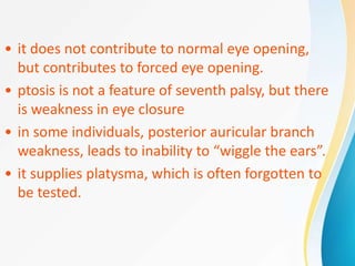 • it does not contribute to normal eye opening,
but contributes to forced eye opening.
• ptosis is not a feature of seventh palsy, but there
is weakness in eye closure
• in some individuals, posterior auricular branch
weakness, leads to inability to “wiggle the ears”.
• it supplies platysma, which is often forgotten to
be tested.
 