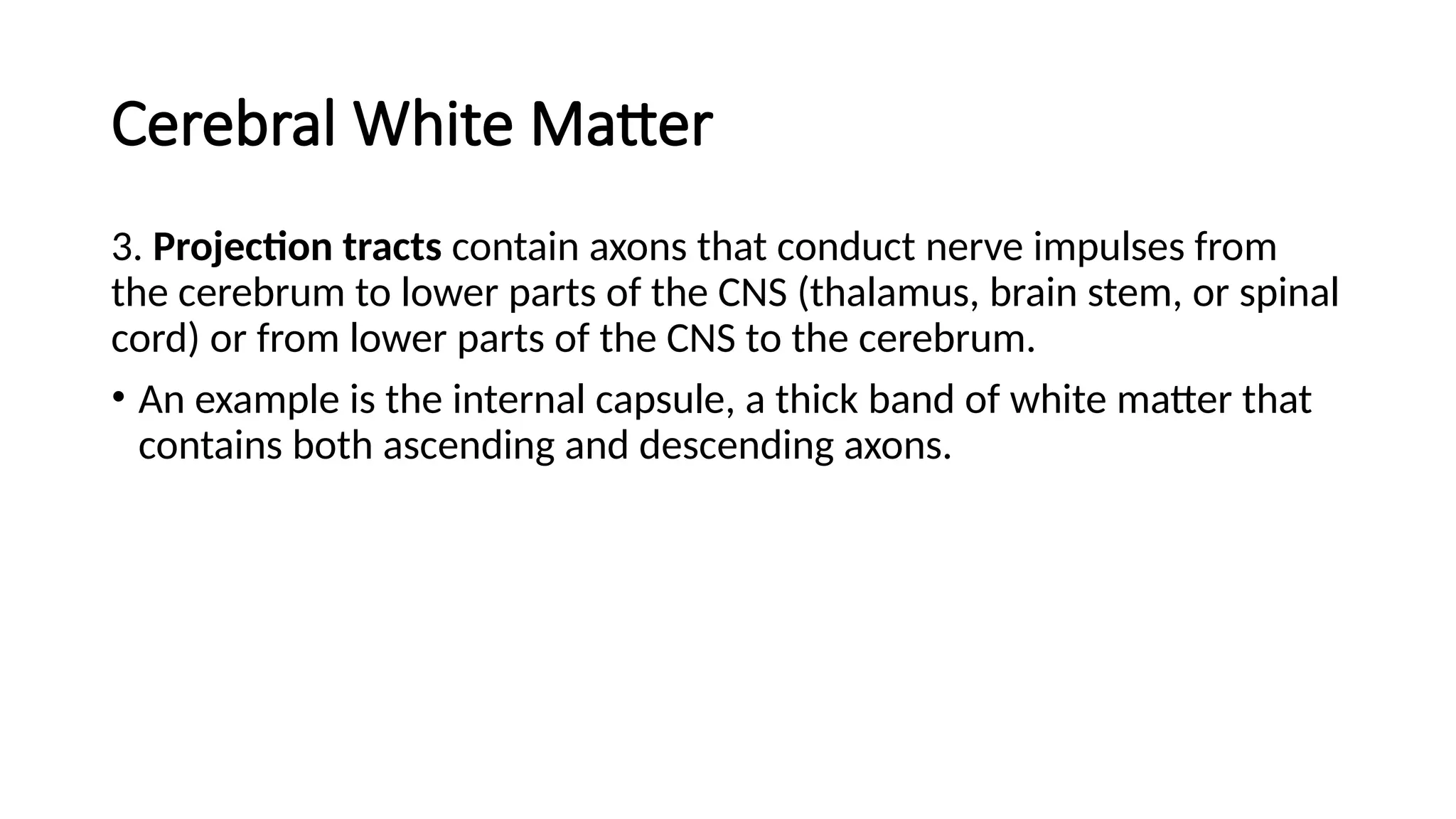 Cerebral White Matter
3. Projection tracts contain axons that conduct nerve impulses from
the cerebrum to lower parts of the CNS (thalamus, brain stem, or spinal
cord) or from lower parts of the CNS to the cerebrum.
• An example is the internal capsule, a thick band of white matter that
contains both ascending and descending axons.
 