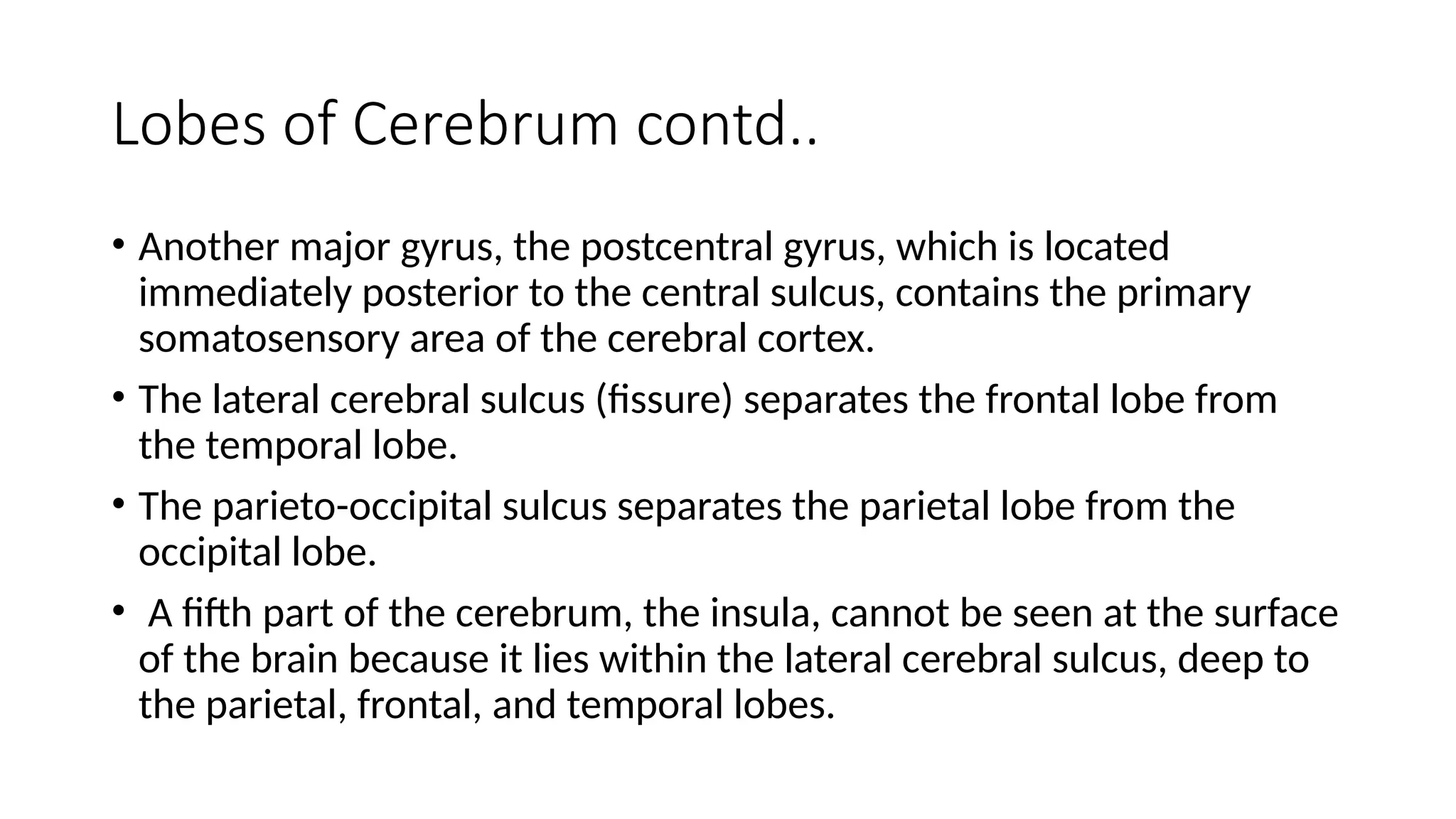 Lobes of Cerebrum contd..
• Another major gyrus, the postcentral gyrus, which is located
immediately posterior to the central sulcus, contains the primary
somatosensory area of the cerebral cortex.
• The lateral cerebral sulcus (ﬁssure) separates the frontal lobe from
the temporal lobe.
• The parieto-occipital sulcus separates the parietal lobe from the
occipital lobe.
• A ﬁfth part of the cerebrum, the insula, cannot be seen at the surface
of the brain because it lies within the lateral cerebral sulcus, deep to
the parietal, frontal, and temporal lobes.
 