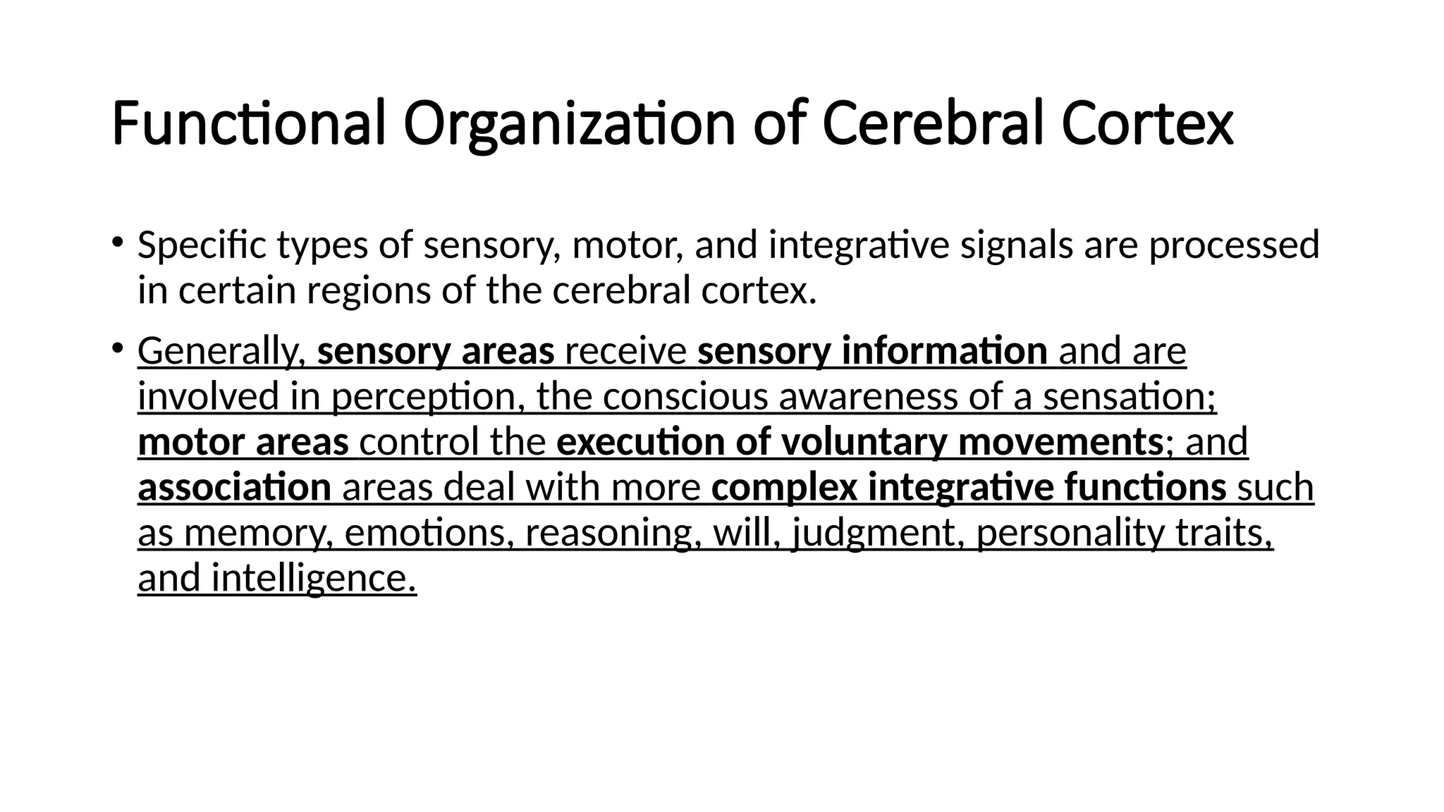 Functional Organization of Cerebral Cortex
• Speciﬁc types of sensory, motor, and integrative signals are processed
in certain regions of the cerebral cortex.
• Generally, sensory areas receive sensory information and are
involved in perception, the conscious awareness of a sensation;
motor areas control the execution of voluntary movements; and
association areas deal with more complex integrative functions such
as memory, emotions, reasoning, will, judgment, personality traits,
and intelligence.
 