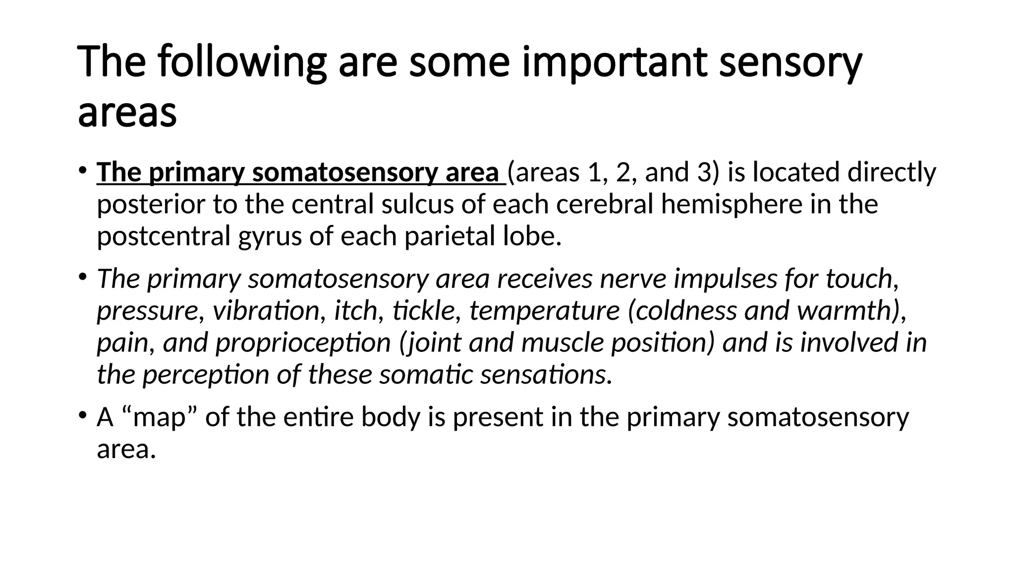 The following are some important sensory
areas
• The primary somatosensory area (areas 1, 2, and 3) is located directly
posterior to the central sulcus of each cerebral hemisphere in the
postcentral gyrus of each parietal lobe.
• The primary somatosensory area receives nerve impulses for touch,
pressure, vibration, itch, tickle, temperature (coldness and warmth),
pain, and proprioception (joint and muscle position) and is involved in
the perception of these somatic sensations.
• A “map” of the entire body is present in the primary somatosensory
area.
 