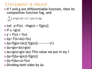  If f and g are differentiable function, then its
composition function fog, and
 Let y=F(x) =fog(x) = f{g(x)}
 If u =g(x)
 y = F(x) = f(u)
 ∆y= F(x+∆x)-f(x)
 ∆y=f{g(x+∆x)}-f{g(x)}----------(1)
 ∆u=g(x+∆x)-g(x)
 ∆u+g(x)=g(x+∆x) This value we put in eq 1
 ∆y=f{∆u+g(x)}-f{g(x)}
 ∆y=f(∆u+u)-f(u)
 Dividing both sides by ∆x
''
)}]({[)]([ gxgfxfog
dx
d

 