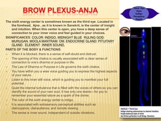 BROW PLEXUS-ANJA
The sixth energy center is sometimes known as the third eye. Located in
the forehead, Ajna , as it is known in Sanskrit, is the center of insight
and intuition. When this center is open, you have a deep sense of
connection to your inner voice and feel guided in your choices.
SIGNIFICANCES: COLOR: INDIGO, MIDNIGHT BLUE RULING GOD:
MURUGAN. MOOLA MANTRAM: OM. ENDOCRINE GLAND: PITUITARY
GLAND . ELEMENT: :INNER SOUND,
PARTS OF THE BODY & FUNCTIONS:
 When it is blocked, there is a sense of self-doubt and distrust.
 The opening of this chakra is usually associated with a clear sense of
connection to one’s dharma or purpose in life.
 The Law of Dharma or Purpose in Life governs the sixth chakra.
 You have within you a wise voice guiding you to express the highest aspects
of your nature.
 Listen to this inner still voice, which is guiding you to manifest your full
potential.
 Quiet the internal turbulence that is filled with the voices of others so you can
identify the sound of your own soul. It has only one desire—for you to
remember your essential nature as a spark of the divine.
 The color of the sixth energy center is indigo.
 It is associated with extrasensory perceptual abilities such as
clairvoyance, clairaudience, and remote viewing.
 The sense is inner sound, independent of outside vibrations.
 