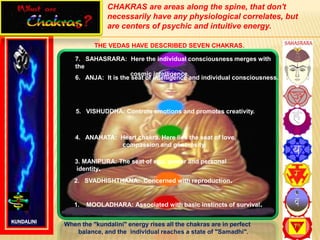 1. MOOLADHARA: Associated with basic instincts of survival.
2. SVADHISHTHANA: Concerned with reproduction.
3. 3. MANIPURA: The seat of ego, power and personal
identity.
4. ANAHATA: Heart chakra. Here lies the seat of love,
compassion and generosity.
5. VISHUDDHA: Controls emotions and promotes creativity.
6. ANJA: It is the seat of intelligence and individual consciousness.
7. SAHASRARA: Here the individual consciousness merges with
the
cosmic intelligence.
CHAKRAS are areas along the spine, that don't
necessarily have any physiological correlates, but
are centers of psychic and intuitive energy.
THE VEDAS HAVE DESCRIBED SEVEN CHAKRAS.
KUNDALINI
When the "kundalini" energy rises all the chakras are in perfect
balance, and the individual reaches a state of "Samadhi".
 