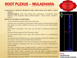 ROOT PLEXUS – MULADHARA
In Sanskrit it is called the Muladhara chakra. Mula means root, adhara means
support.
 SIGNIFICANCE:S: Color: Red. Ruling God: vigneshwar. & SHAKTHI. Moola
Mantram: LAM. Endocrine Gland: Adrenal glands -. Sense: Smell . Element :
EARTH
PARTS OF THE BODY & FUNCTIONS:-
 The root chakra is located at the base of the spine.
 It governs your most basic survival needs. When energy is flowing freely through
this center, you have confidence that you can meet your core needs without
struggle.
 When there is blockage in this area, you will tend to experience anxiety and
worry.
 The Law of Karma governs the first energy center.
 On the physical plane, every action you perform results in a corresponding
reaction.
 To maximize the possibility that your actions generate evolutionary reactions, you
can use your body as a choice-determining instrument.
 Consider the possibilities in front of you and listen to the signals from your body.
 These sensations generating from the root chakra are either comfortable or
uncomfortable.
 Your body evaluates every possible decision in terms of its likelihood to meet
your needs for safety or increase the level of threat you experience.
 The first chakra, which connects you with the earth, provides essential
information as to the potential nourishment or toxicity that is available to you as a
result of the actions you are taking.
 Keeping energy open and flowing in this source chakra is key to both physical
 