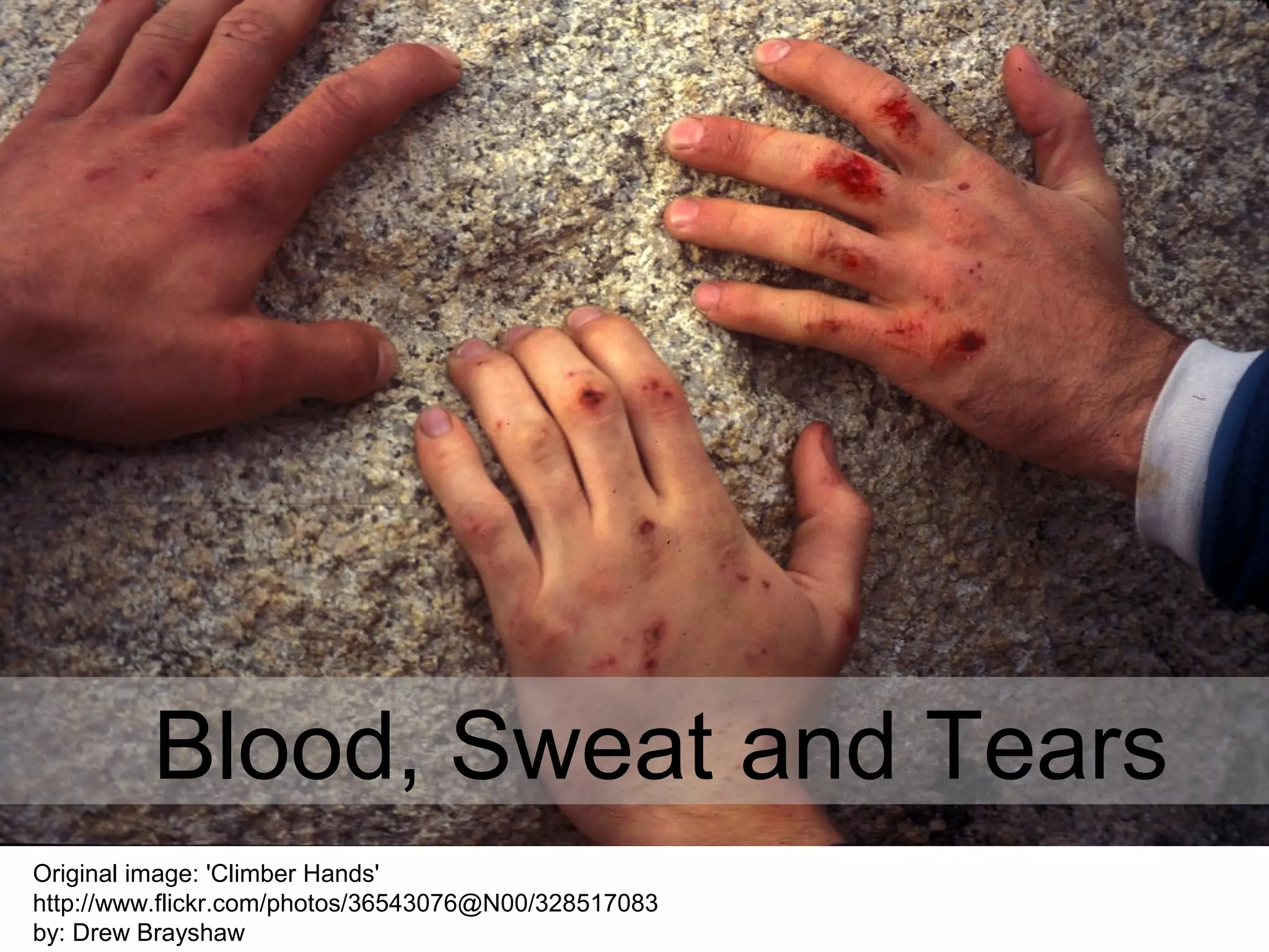 Original image: 'Climber Hands'
http://www.flickr.com/photos/36543076@N00/328517083
by: Drew Brayshaw
Blood, Sweat and Tears