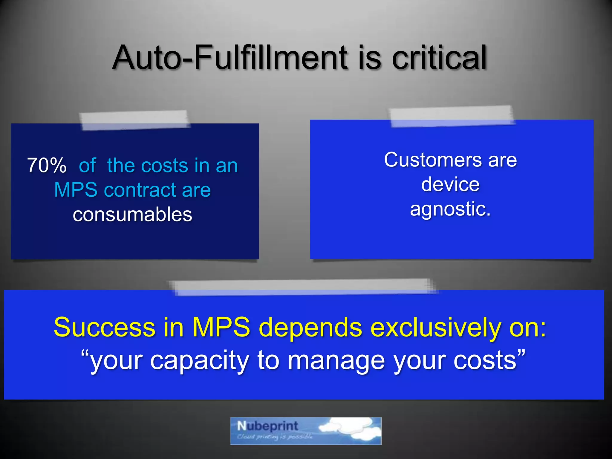 Auto-Fulfillment is critical
Customers are
device
agnostic.
70% of the costs in an
MPS contract are
consumables
Success in MPS depends exclusively on:
“your capacity to manage your costs”
 