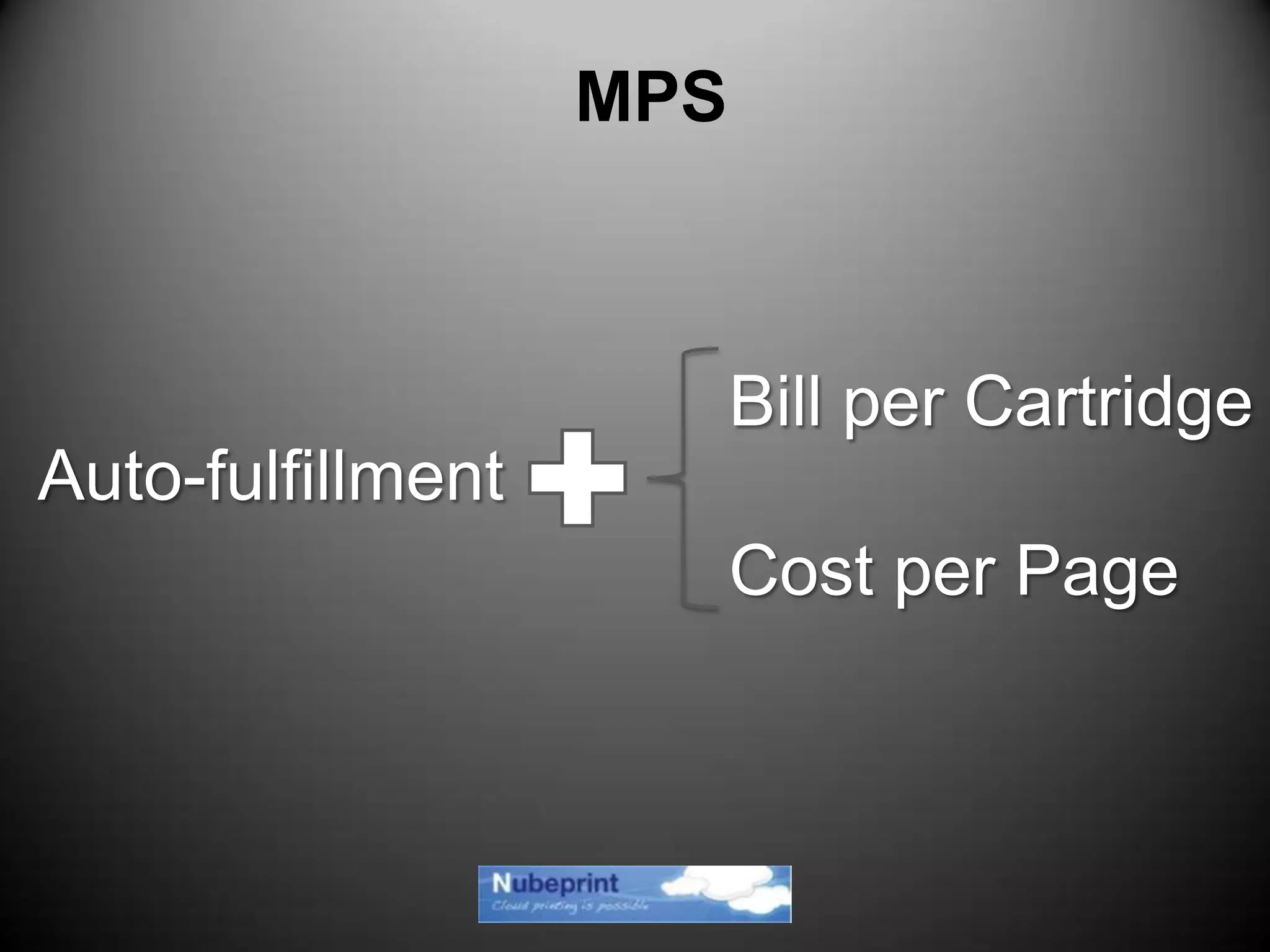 Auto-fulfillment
MPS
Bill per Cartridge
Cost per Page
 