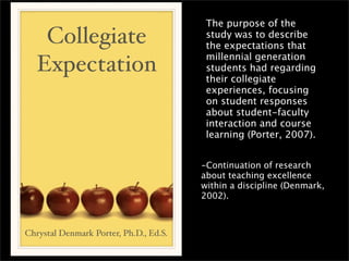The purpose of the
    Collegiate                           study was to describe
                                         the expectations that
                                         millennial generation
   Expectation                           students had regarding
                                         their collegiate
                                         experiences, focusing
                                         on student responses
                                         about student-faculty
                                         interaction and course
                                         learning (Porter, 2007).


                                        -Continuation of research
                                        about teaching excellence
                                        within a discipline (Denmark,
                                        2002).



Chrystal Denmark Porter, Ph.D., Ed.S.
 