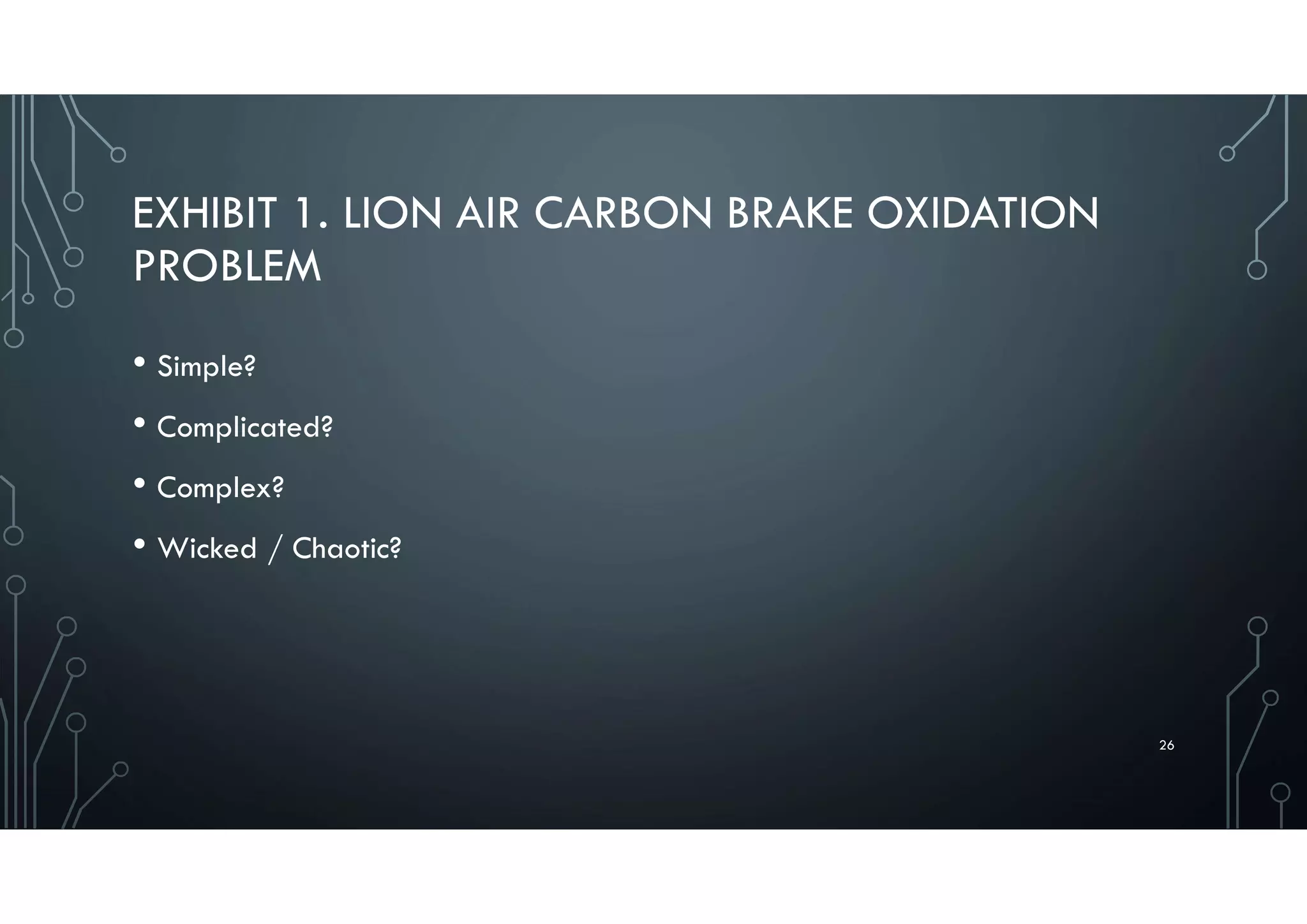 EXHIBIT 1. LION AIR CARBON BRAKE OXIDATION
PROBLEM
• Simple?
• Complicated?
• Complex?
• Wicked / Chaotic?
26
 