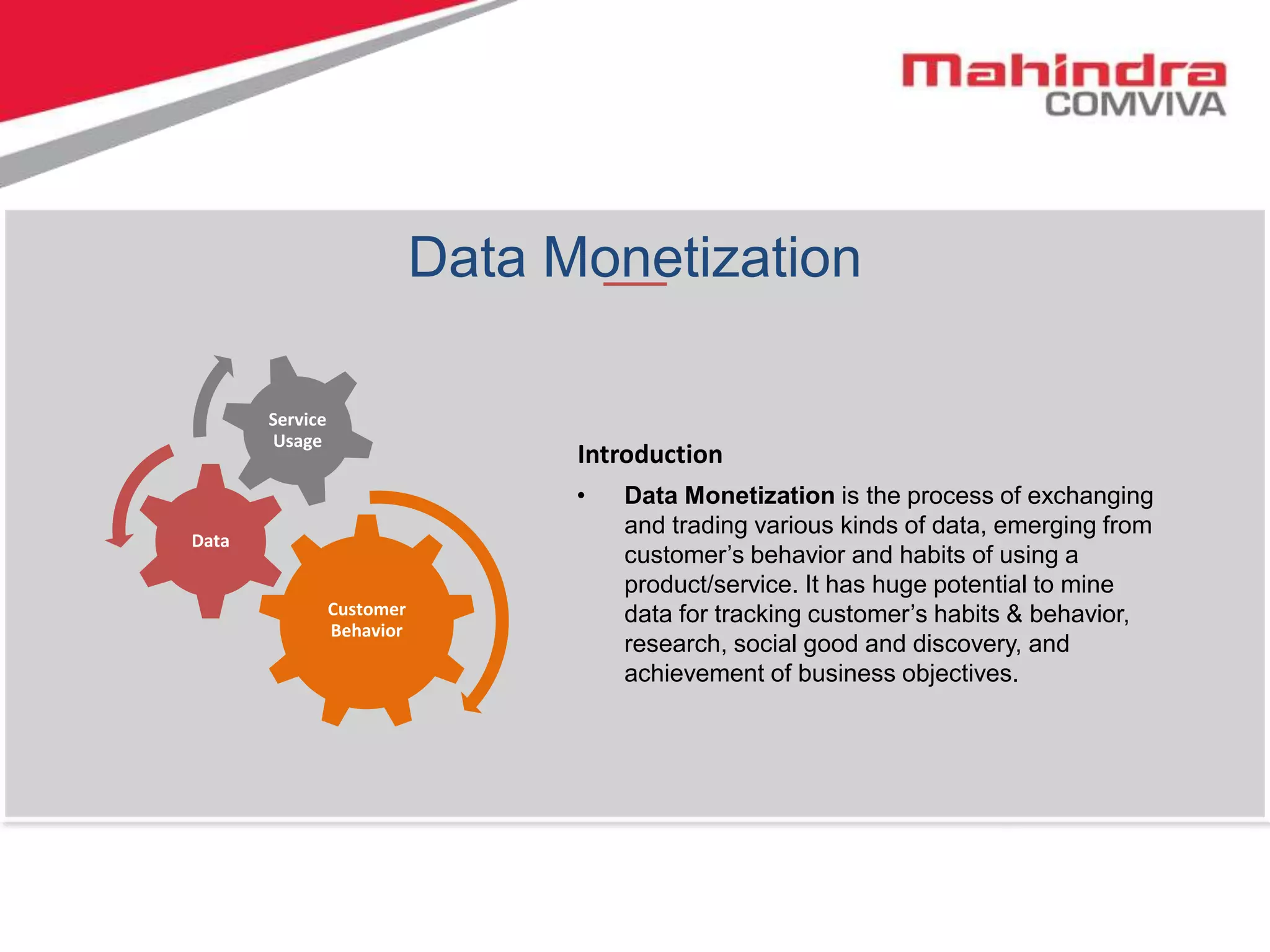 Data Monetization
Customer
Behavior
Data
Service
Usage
• Data Monetization is the process of exchanging
and trading various kinds of data, emerging from
customer’s behavior and habits of using a
product/service. It has huge potential to mine
data for tracking customer’s habits & behavior,
research, social good and discovery, and
achievement of business objectives.
Introduction
 
