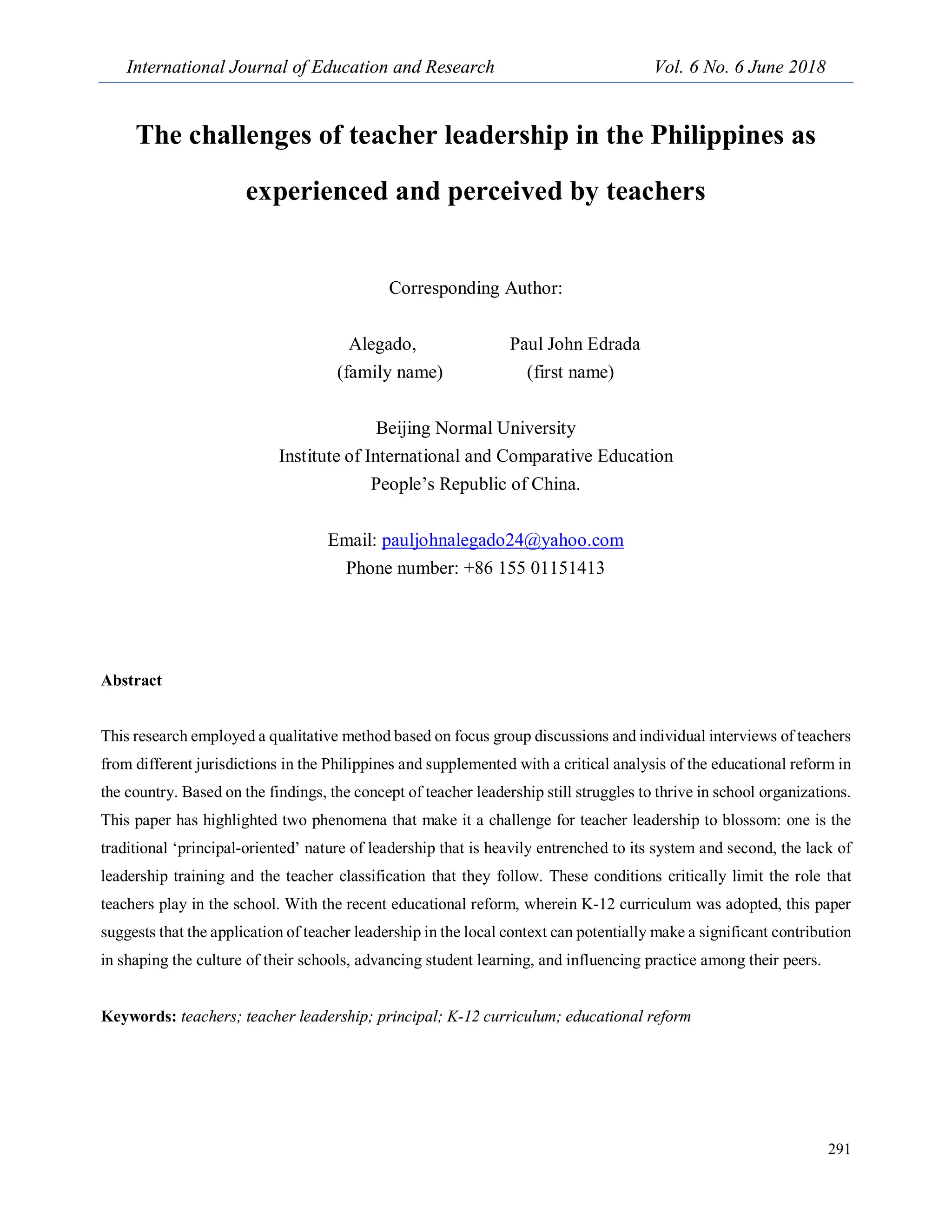 THE CHALLENGES OF TEACHER LEADERSHIP IN THE PHILIPPINES AS EXPERIANCE ...