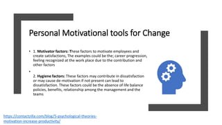 Personal Motivational tools for Change
• 1. Motivator factors: These factors to motivate employees and
create satisfactions, The examples could be the; career progression,
feeling recognized at the work place due to the contribution and
other factors
•
2. Hygiene factors: These factors may contribute in dissatisfaction
or may cause de-motivation if not present can lead to
dissatisfaction. These factors could be the absence of life balance
policies, benefits, relationship among the management and the
teams
https://contactzilla.com/blog/5-psychological-theories-
motivation-increase-productivity/
 