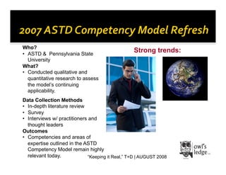 Who?
•  ASTD & Pennsylvania State
                                                   Strong trends:
   University
What?
•  Conducted qualitative and
   quantitative research to assess
   the model’s continuing
   applicability.
Data Collection Methods
•  In-depth literature review
•  Survey
•  Interviews w/ practitioners and
   thought leaders
Outcomes
•  Competencies and areas of
   expertise outlined in the ASTD
   Competency Model remain highly
   relevant today.             “Keeping it Real,” T+D | AUGUST 2008
 