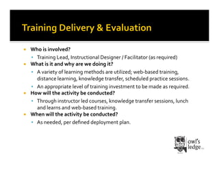   Who	
  is	
  involved?	
  
     Training	
  Lead,	
  Instructional	
  Designer	
  /	
  Facilitator	
  (as	
  required)	
  
  What	
  is	
  it	
  and	
  why	
  are	
  we	
  doing	
  it?	
  
     A	
  variety	
  of	
  learning	
  methods	
  are	
  utilized;	
  web-­‐based	
  training,	
  
      distance	
  learning,	
  knowledge	
  transfer,	
  scheduled	
  practice	
  sessions.	
  
     An	
  appropriate	
  level	
  of	
  training	
  investment	
  to	
  be	
  made	
  as	
  required.	
  	
  
  How	
  will	
  the	
  activity	
  be	
  conducted?	
  
     Through	
  instructor	
  led	
  courses,	
  knowledge	
  transfer	
  sessions,	
  lunch	
  
      and	
  learns	
  and	
  web-­‐based	
  training.	
  
  When	
  will	
  the	
  activity	
  be	
  conducted?	
  
     As	
  needed,	
  per	
  deﬁned	
  deployment	
  plan.	
  
 