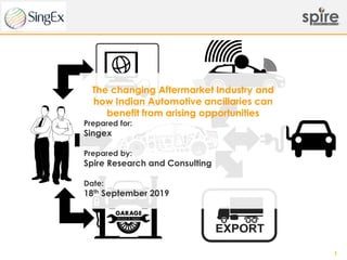 1
The changing Aftermarket Industry and
how Indian Automotive ancillaries can
benefit from arising opportunities
Prepared for:
Singex
Prepared by:
Spire Research and Consulting
Date:
18th September 2019
 