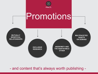 Promotions
MUTUALLY
BENEFICIAL
RELATIONSHIPS

MULTIFACETED
ASSETS
ON DEMAND

EXCLUSIVE
RESEARCH

ANONYMITY AND
THE IDENTIFIABLE
OTHER

- and content that’s always worth publishing -

 