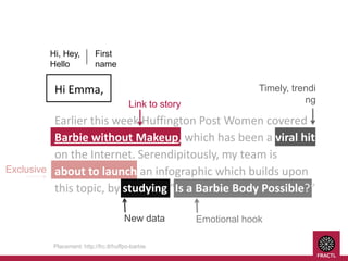 Hi, Hey,
Hello

First
name

Hi Emma,
Link to story

Exclusive

Timely, trendi
ng

Earlier this week Huffington Post Women covered
Barbie without Makeup, which has been a viral hit
on the Internet. Serendipitously, my team is
about to launch an infographic which builds upon
this topic, by studying "Is a Barbie Body Possible?”
New data
Placement: http://frc.tl/huffpo-barbie

Emotional hook

 