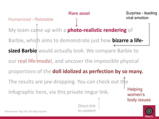 Rare asset

Humanized - Relatable

Surprise - leading
viral emotion

My team came up with a photo-realistic rendering of

Barbie, which aims to demonstrate just how bizarre a lifesized Barbie would actually look. We compare Barbie to
our real life model, and uncover the impossible physical
proportions of the doll idolized as perfection by so many.
The results are jaw dropping. You can check out the

infographic here, via this private imgur link.

Placement: http://frc.tl/huffpo-barbie

Direct link
to content

Helping
women’s
body issues

 
