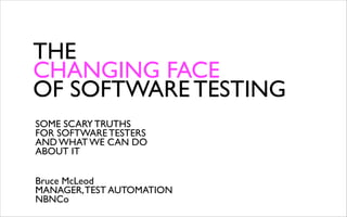 THE
CHANGING FACE
OF SOFTWARE TESTING
SOME SCARY TRUTHS
FOR SOFTWARE TESTERS
AND WHAT WE CAN DO
ABOUT IT


Bruce McLeod
MANAGER, TEST AUTOMATION
NBNCo
 