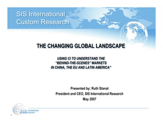 SIS International
    Custom Research


          THE CHANGING GLOBAL LANDSCAPE

                   USING CI TO UNDERSTAND THE
                  “BEHIND-THE-SCENES” MARKETS
               IN CHINA, THE EU AND LATIN AMERICA”




                           Presented by: Ruth Stanat
                 President and CEO, SIS International Research
                                   May 2007



1
 