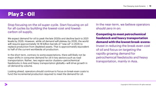 The Changing Joule Dynamic | 12
Stop focusing on the oil super cycle. Start focusing on oil
for all cycles by building the lowest-cost and lowest-
carbon oil supply.
We expect demand for oil to peak the late 2020s and decline back to 2021
levels by 2035. However, while oil demand will plateau by 2035, the world
will require approximately 14-18 billion barrels of “new oil” in 2035 to
replace production from depleted assets. That is approximately equivalent
to half of the current worldwide oil production.
In the short term, contrary to some expectations, there will likely not be
major shifts in consumer demand for oil in key sectors such as road
transportation. Rather, two region-sector clusters—petrochemical
feedstocks in Asia and heavy transportation globally—will drive growth in
oil demand by volume.
Looking ahead, operators should continue to focus on break-even costs to
fund the incremental production required to meet the demand for oil.
In the near-term, we believe operators
should zero in on:
Competing to meet petrochemical
feedstock and heavy transportation
demand with the lowest break-evens:
Invest in reducing the break-even cost
of oil and focus on targeting the
rapidly growing demand for
petrochemical feedstocks and heavy
transportation, mainly in Asia.
Play 2 - Oil
Copyright © 2022 Accenture. All rights reserved.
 