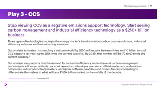 The Changing Joule Dynamic | 14
Stop viewing CCS as a negative emissions support technology. Start seeing
carbon management and industrial efficiency technology as a $250+ billion
business.
Three types of technologies underpin the energy market’s transformation: carbon capture solutions, industrial
efficiency solutions and fuel-switching solutions.
Our analysis estimates that reaching a net-zero world by 2050 will require between three and 10 billion tons of
CCS capacity per year, up to 200 times the current capacity. By 2035, that number will be 70 to 90 times the
current capacity.1
Our analysis also predicts that the demand for industrial efficiency and end-to-end carbon management
technologies will surge, with players of all types (i.e., oil and gas operators, oilfield equipment and services
companies, industrial control providers, enterprise software providers and others) fiercely competing to
differentiate themselves in what will be a $150+ billion market by the middle of the decade.
Play 3 – CCS
Copyright © 2022 Accenture. All rights reserved.
1“Decarbonizing Energy: From A to Zero”, Accenture 2020.
 