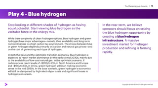 The Changing Joule Dynamic | 16
Stop looking at different shades of hydrogen as having
equal potential. Start viewing blue hydrogen as the
veritable force in the energy mix.
While there are plenty of clean hydrogen options, blue hydrogen and green
hydrogen have major advantages—namely, their availability and long-term
competitiveness in a high carbon tax environment. The choice between blue
or green hydrogen depends primarily on carbon and natural gas prices—and
on the cost of generating each type of hydrogen.
In both the base and the optimistic transition scenarios, blue hydrogen is
expected to reach market dominance by the early to mid-2030s, mainly due
to the availability of low-cost natural gas. In the optimistic scenario, if
carbon prices reach levels of ~$200/tn CO2 in North America and Europe
and ~$100/tn CO2 in China, green hydrogen will start making economic
sense in the mid-2030s. In the base scenario, green hydrogen’s economics
will still be dampened by high electrolyzer costs and significant losses in
hydrogen conversion.
In the near-term, we believe
operators should focus on seizing
the blue hydrogen opportunity by
creating a blue hydrogen
infrastructure. A massive
investment market for hydrogen
production and refining is forming
rapidly.
Play 4 - Blue hydrogen
Copyright © 2022 Accenture. All rights reserved.
 