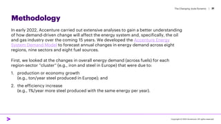 The Changing Joule Dynamic | 21
Methodology
In early 2022, Accenture carried out extensive analyses to gain a better understanding
of how demand-driven change will affect the energy system and, specifically, the oil
and gas industry over the coming 15 years. We developed the Accenture Energy
System Demand Model to forecast annual changes in energy demand across eight
regions, nine sectors and eight fuel sources.
First, we looked at the changes in overall energy demand (across fuels) for each
region-sector “cluster” (e.g., iron and steel in Europe) that were due to:
1. production or economy growth
(e.g., ton/year steel produced in Europe); and
2. the efficiency increase
(e.g., 1%/year more steel produced with the same energy per year).
Copyright © 2022 Accenture. All rights reserved.
 