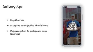 Delivery App
➢ Registration
➢ accepting or rejecting the delivery
➢ Map navigation to pickup and drop
locations
 