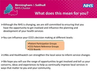 What does this mean for you?

Although the NHS is changing, we are still committed to ensuring that you
 have the opportunity to get involved and influence the planning and
 development of your health services

You can influence your CCG’s decision making at different levels:

                        •Patient Participation Groups
                        •CCG Patient Reference Groups
                        •CCG Boards

LINks and Healthwatch can strengthen the local voice to inform service changes

We hope you will use the range of opportunities to get involved and tell us your
concerns, ideas and experiences to help us continually improve local services in
ways that matter to you and your community.
 