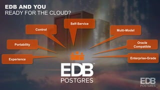 EDB AND YOU
READY FOR THE CLOUD?
18
Portability
Oracle
Compatible
Enterprise-Grade
Control
Self-Service
Experience
Multi-M...