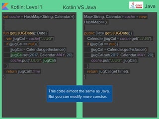 Kotlin: Level 1 JavaKotlin VS Java
val cache = HashMap<String, Calendar>()
fun getJJUGDate(): Date {
var jjugCal = cache["...