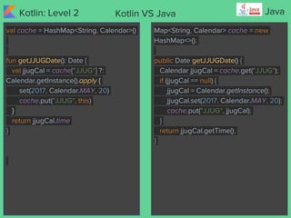 Kotlin: Level 2 JavaKotlin VS Java
val cache = HashMap<String, Calendar>()
fun getJJUGDate(): Date {
val jjugCal = cache["...