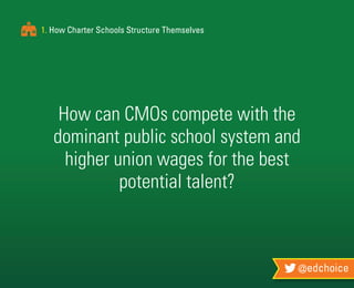 @edchoice
1. How Charter Schools Structure Themselves
How can CMOs compete with the
dominant public school system and
higher union wages for the best
potential talent?
 