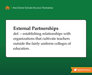 @edchoice
1. How Charter Schools Structure Themselves
External Partnerships
def. – establishing relationships with
organizations that cultivate teachers
outside the fairly uniform colleges of
education.
 