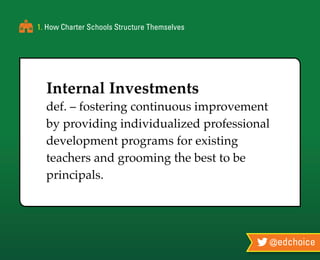 @edchoice
1. How Charter Schools Structure Themselves
Internal Investments
def. – fostering continuous improvement
by providing individualized professional
development programs for existing
teachers and grooming the best to be
principals.
 