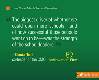 @edchoice
1. How Charter Schools Structure Themselves
The biggest driver of whether we
could open more schools—and
of how successful those schools
went on to be—was the strength
of the school leaders.
–	Dacia Toll,
co-leader of the CMO
 