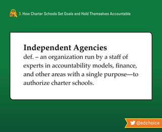 3. How Charter Schools Set Goals and Hold Themselves Accountable
@edchoice
Independent Agencies
def. – an organization run by a staff of
experts in accountability models, finance,
and other areas with a single purpose—to
authorize charter schools.
 