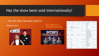 Has the show been sold internationally?
• Yes the show has been sold to :
Related shows
The Chase (U.S.)
The Chase Australia
 