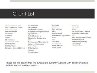 Client List

The Co-operative Bank         HH Associates                  Burmatex                Selfridges
The Co-operative Group        Hillarys Blinds                Senator                 Silentnight
Marks & Spencer               The Women’s Library            DWF Solicitors          Tetrad
Ingenious Media               European Training Foundation   Alloy                   The Royal Forestry Society
PZ Cussons                    Opera North                    British Council         World Duty Free Europe
Schwan’s                                                     Manchester Dogs’ Home   MEN
                              Oxford Swindon &
Diageo                                                       Fujitsu                 Saint Brendan’s Irish Cream
                              Glourcester Co-operative
CIS Insurance                 BBC                            BAA                     Royal Doulton UK
The Football League           The Museum of Science and      John West               Foursquare (Mars UK)
Tameside MBC                                                 Fox’s Biscuits          Land Design
                              Industry in Manchester
Yorkshire Water               Yellow Pages                   Manx Telecom            Land Securities
Canadian Financial Services   ID Distribution                Cabe Space
                              Neopost
                              Daryl Showers




 These are the clients that The Chase are currently working with or have worked
 with in the last twelve months.
 
